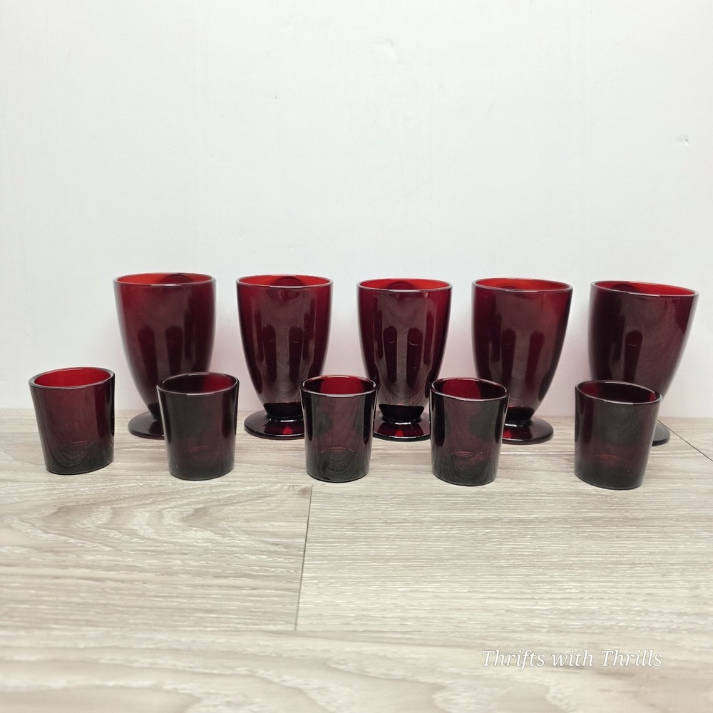 5 Vintage RUBY Red Footed Tumblers With 5 Matching‎ Shot Glases